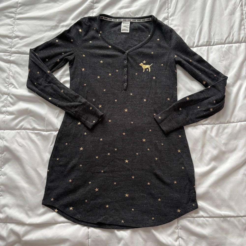 PINK Victoria's Secret Waffle Knit Nightshirt Gray Gold Star Henley Womens XS